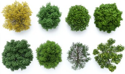 overhead view of eight different leafy trees arranged in two rows on a white background showing a variety of green and yellow hues with dense and sparse foliage