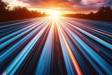 Dynamic light trails stretching into the horizon at sunset with vibrant blue and orange hues, surrounded by silhouetted trees and a dramatic cloudy sky