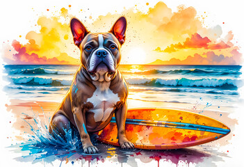 High-quality digital watercolor artwork of a Bulldog next to a rainbow surfboard, with a radiant sun and calm ocean waves.