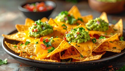 Cheesy nachos topped with guacamole and salsa