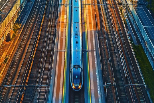 A sleek blue high-speed train travels along railway tracks during golden hour sunlight casting long shadows and highlighting parallel lines of the infrastructure