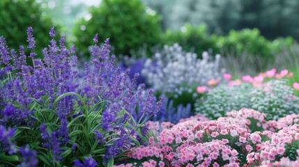 A vibrant tapestry of purple salvia and pink asters blooming in a lush, soft-focus garden.
