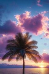 Obraz premium Single palm tree silhouette against vibrant sunset sky with purple and pink clouds over calm sea water creating peaceful tropical scene