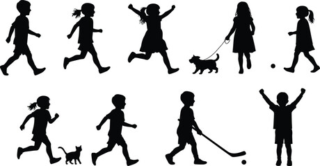 Children silhouettes walking, running, playing, celebrating, with pets, outdoor activity, childhood happiness, family lifestyle, sports fun, healthy kids, exercise, joy