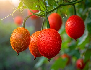 Obraz premium Vibrant red fruits hanging from vines