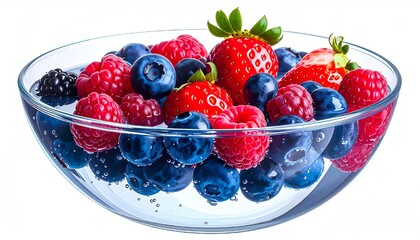  Vibrant Berries in a Glass Bowl of Water

