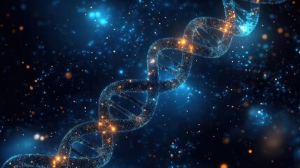 Glowing blue and orange digital representation of a DNA double helix strand floating in a starry, cosmic background