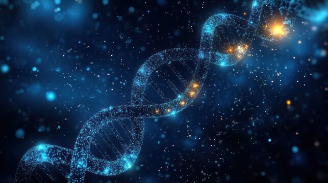 Glowing blue digital representation of a DNA double helix with scattered bright orange points on a dark blue abstract background - Powered by Adobe