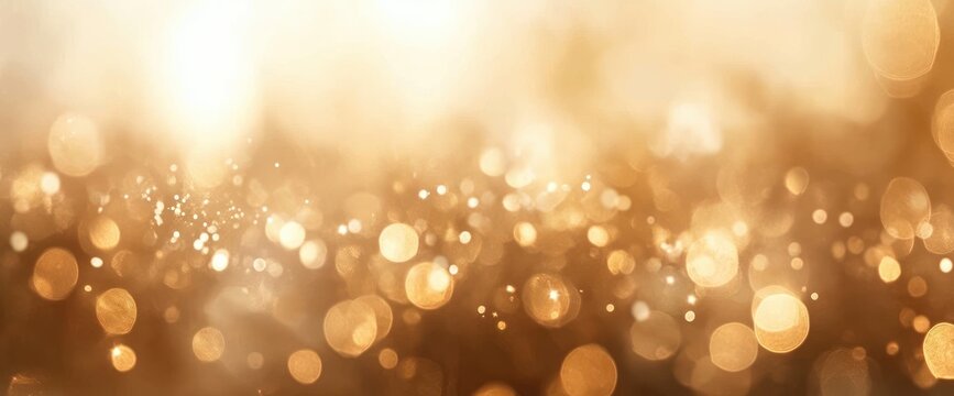 Golden bokeh lights with a warm glowing background creating a dreamy and festive atmosphere with soft focus light spots