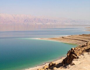 Panoramic view of a tranquil saline lake, with mountains in the distance