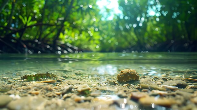 Clear shallow stream flowing through a lush green mangrove forest with sunlight filtering through