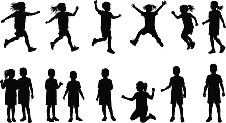 Children silhouettes, kids playing, running, jumping, standing, fun activity, black vector design, outdoor lifestyle, happy childhood, isolated illustration, active 