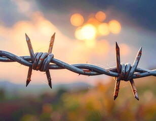 Rusty barbed wire fence at sunset