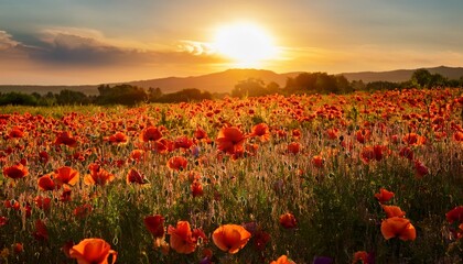 Fototapeta premium A Vibrant Field Of Poppies In Full Bloom With A Warm Inviting Glow A Scene Of Natural Beauty And Tranquility