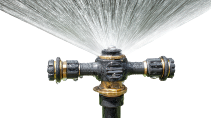Close up of a vintage sprinkler head spraying water isolated on transparent background