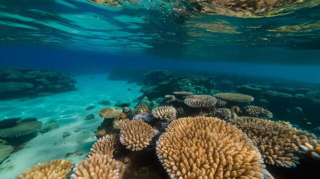 Drone flying above coral reef for ocean conservation technology, marine research, climate monitoring, and environmental protection, symbolizing innovative solutions for sustainability and ecosystem pr