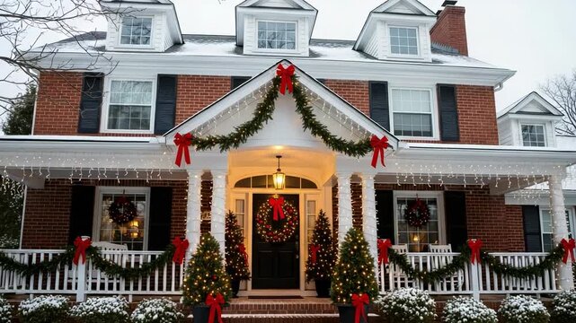 Charming two-story brick house beautifully decorated with festive Christmas garlands, red bows, and twinkling lights, set against a serene snowy winter landscape.