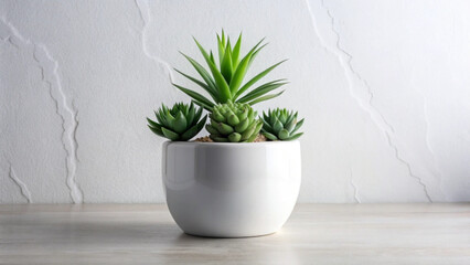 Fototapeta premium A small white pot displays several vibrant green succulent plants indoors