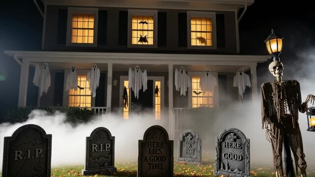 Eerie Halloween night scene featuring a haunted house with ghost decorations, a spooky graveyard with tombstones, and a skeleton holding a lantern, all enveloped in mysterious fog.