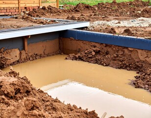 Construction site foundation with standing water