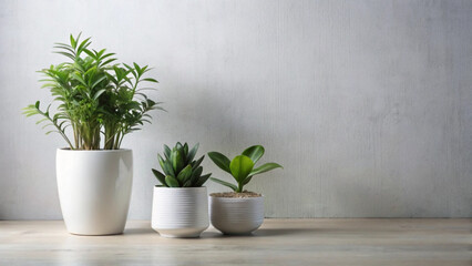 Fototapeta premium Minimalist indoor plants in white pots on a light wooden surface