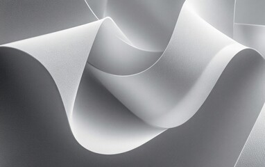 Close-up view of white textured paper sheets curved and layered creating abstract flowing shapes and shadows