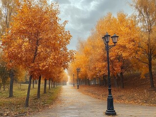 Scenic autumn park pathway lined with vibrant orange and yellow trees under overcast sky with vintage black lampposts along the path