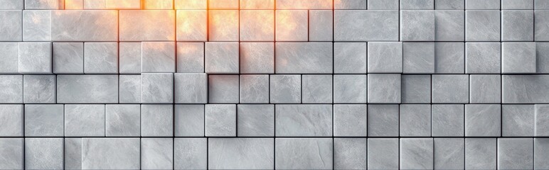 Close-up of a textured gray stone wall with square blocks and a glowing orange fire illuminating the upper left section, creating a warm contrast