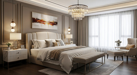 Obraz premium Modern Minimalist Bedroom Interior with Simple Bed, Clean White Walls, Wooden Floor, and Large Window with Natural Light for Cozy and Elegant Home Inspiration