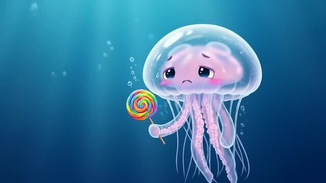 Cute Sad Jellyfish Holding a Colorful Lollipop Underwater in Blue Ocean.