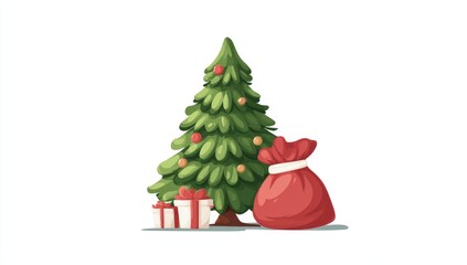 A festive Christmas tree, gift boxes, and a red sack, create a cheerful winter scene.