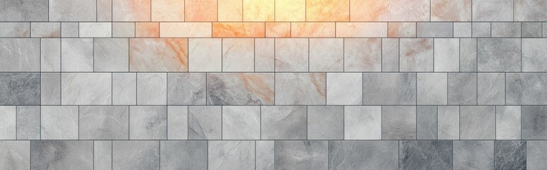 Naklejka premium close up of a tiled stone wall with varied shades of gray and a soft warm light shining from the top center creating a subtle glowing effect