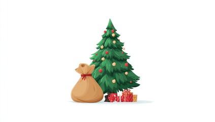 A festive Christmas tree, adorned with ornaments, stands beside a burlap sack and presents, set against a plain white backdrop.