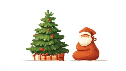 Festive scene featuring a Christmas tree and Santa Claus, adorned with presents, in a charming illustration.