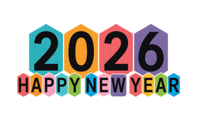 Happy New Year 2026 Hexagonal Graphic With Colorful Blocks And Text For Celebration And Festive Occasions