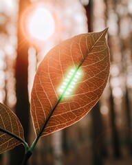 Glowing Leaf Vein Pattern in Sunlit Forest With Green Circuitlike Glow
