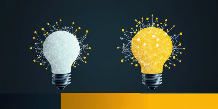 Two light bulbs side by side with network-like connections and nodes surrounding them, one glowing yellow symbolizing illumination and the other white unlit, on a dark background