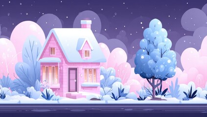 A charming, snow-covered, pink house nestled amidst a wintry landscape under a starry night sky.