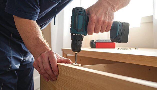 A person using a drill to assemble furniture