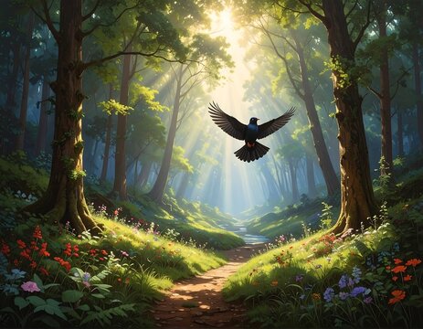 Majestic Raven Soaring Through God Rays on a Mystical Woodland Path.