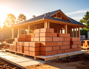 Construction site with bricks and house under construction