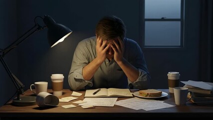 Exhausted young adult Caucasian man with head in hands, overwhelmed by late-night studies or demanding work at a cluttered desk. - Powered by Adobe