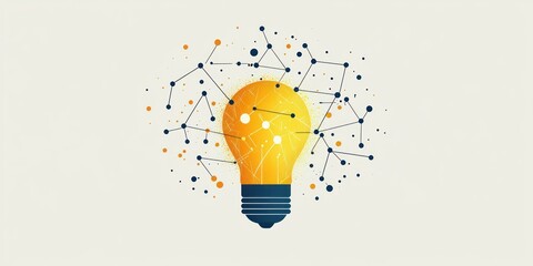 Bright yellow light bulb surrounded by interconnected nodes and lines symbolizing ideas, innovation, and network connections on a light background