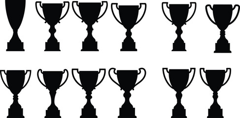 Collection of trophy silhouettes, sports award prize, competition recognition, championship cup, victory reward, achievement honor, excellence celebration, winner success, reward symbol