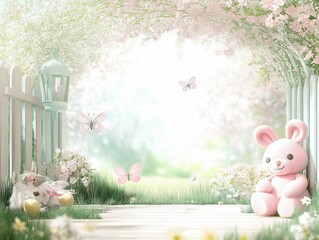 Enchanting spring garden scene with a pink bunny and fluttering butterflies