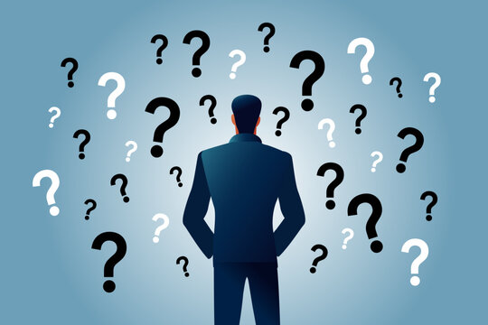 Represent the universal challenge of uncertainty with this anonymous businessman facing a cloud of questions. A perfect visual for articles about risk analysis, career choices, finding solutions.