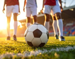 Fototapeta premium Golden hour soccer players poised on the field