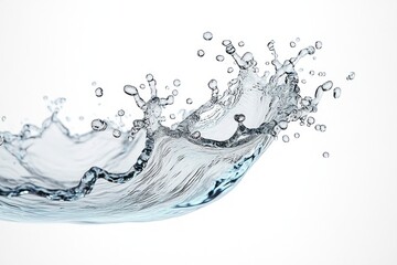 Close-up of a clear water splash frozen midair with droplets suspended against a white background, showcasing fluid motion and freshness