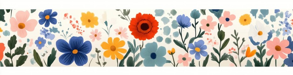 Colorful seamless pattern of hand-drawn wildflowers with various shapes and colors including red, blue, yellow, pink, and orange on a light background conveying a cheerful and vibrant mood