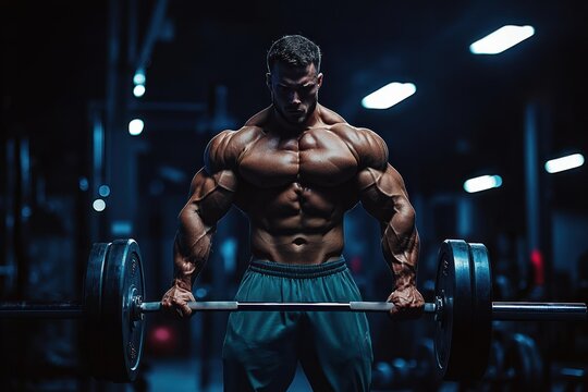 Muscular man intensely lifting heavy barbell in dark, focused gym environment under artificial lighting - Powered by Adobe